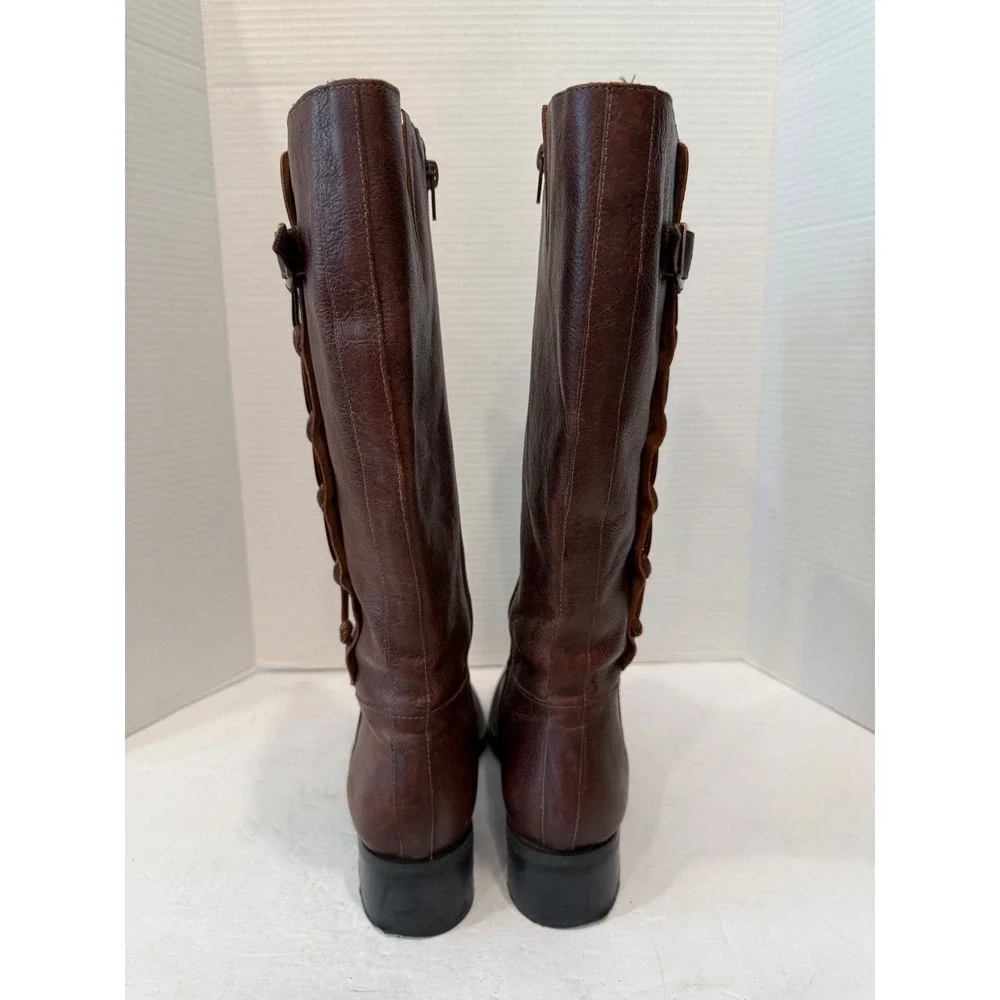 NICOLE Brown Leather Braided Buckle Tall Equestrian Zip Up Riding Boots 9.5M